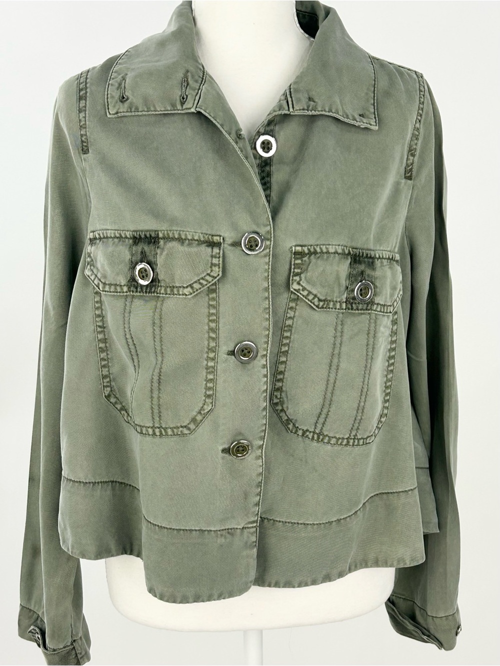Marrakech Olive Lyocell Utility Shirt Jacket Button Front Size S
